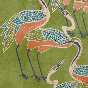 Deco Cranes, Olive Background with blue and coral accents