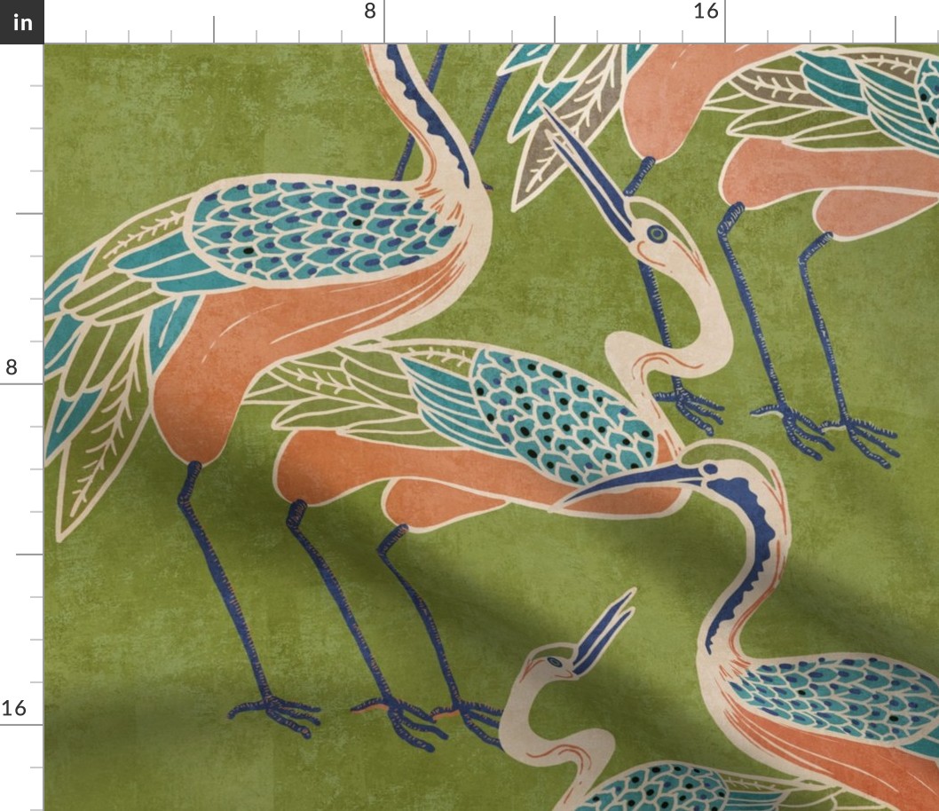 Deco Cranes, Olive Background with blue and coral accents