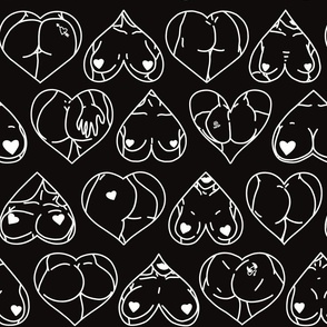 Black and White Valentine's Day Pinup Girls Boobs & Butts in Hearts