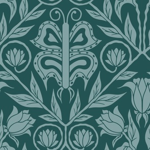 Large Traditional Damask Butterfly Floral in Dark Teal Green