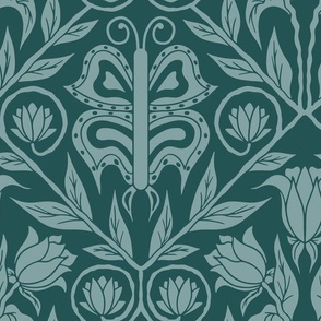 Medium Traditional Damask Butterfly Floral in Dark Teal Green
