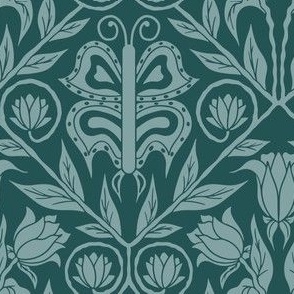 Small Traditional Damask Butterfly Floral in Dark Teal Green