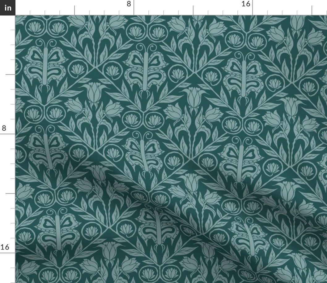 Small Traditional Damask Butterfly Floral in Dark Teal Green