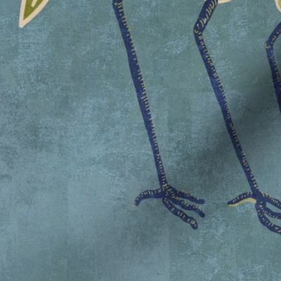 Deco Cranes, Pool Blue background with teal, navy, and olive green accents