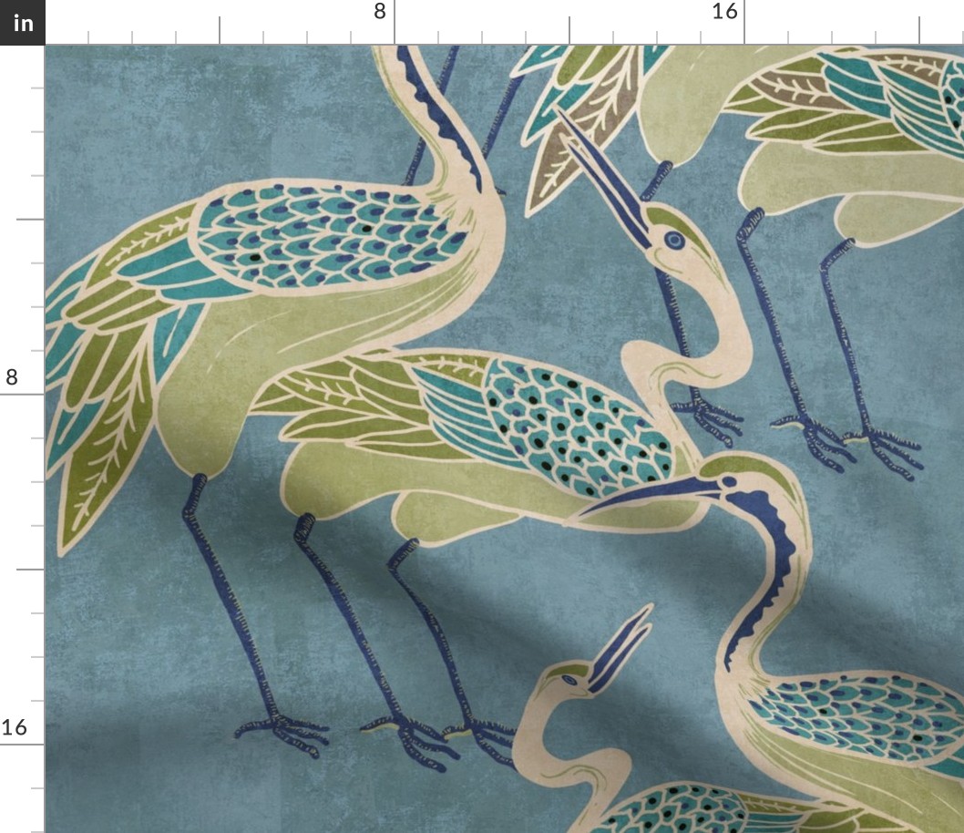 Deco Cranes, Pool Blue background with teal, navy, and olive green accents