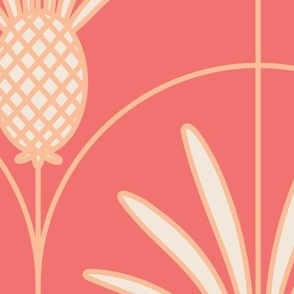 Large Tropical Miami Art Deco Pantone Pristine White and Peach Fuzz Pineapples and Arches with Georgia Peach Background