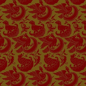 Birds, Bears, and Hounds - darker red on mustard