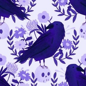 Cute Crow with Skull and Flowers