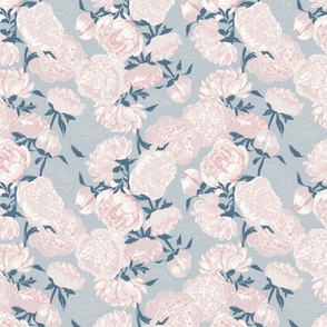 (S) Cream White Peonies on Sky Blue Background | Small Scale