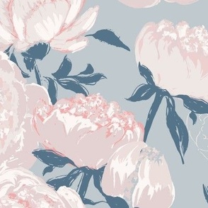 (L) Peony Floral Garden | Cream White  on Sky Blue | Large Scale 