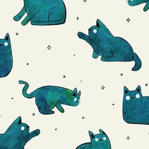 Watercolor Galaxy Cats in Blue Green and Cream