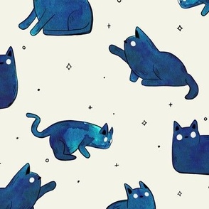 Watercolor Galaxy Cats in Blue and Cream