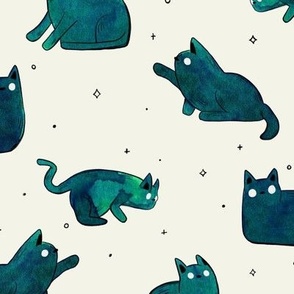 Watercolor Galaxy Cats in Green and Cream