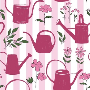 watering cans, pink stripe, large scale