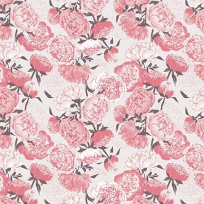 (S) Peony Floral Garden | Bold Pink on Light Grey White | Small Scale 