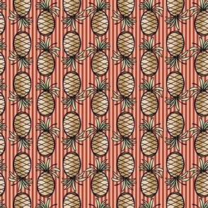 406 - Small scale golden pineapples in doodle style with watercolor and classic elegant warm red and blush stripped background - for welcoming wallpaper,, funky kitchen décor, tropical fruit curtains and bed linen