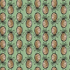 406 - Small scale tan pineapples in doodle style with watercolor and classic elegant sage green stripped background - for welcoming wallpaper,, funky kitchen décor, tropical fruit curtains and bed linen