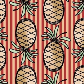 406 - Large scale golden pineapples in doodle style with watercolor and classic elegant warm red and blush stripped background - for welcoming wallpaper,, funky kitchen décor, tropical fruit curtains and bed linen