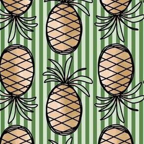 406 - Large scale tan pineapples in doodle style with watercolor and classic elegant sage green stripped background - for welcoming wallpaper,, funky kitchen décor, tropical fruit curtains and bed linen