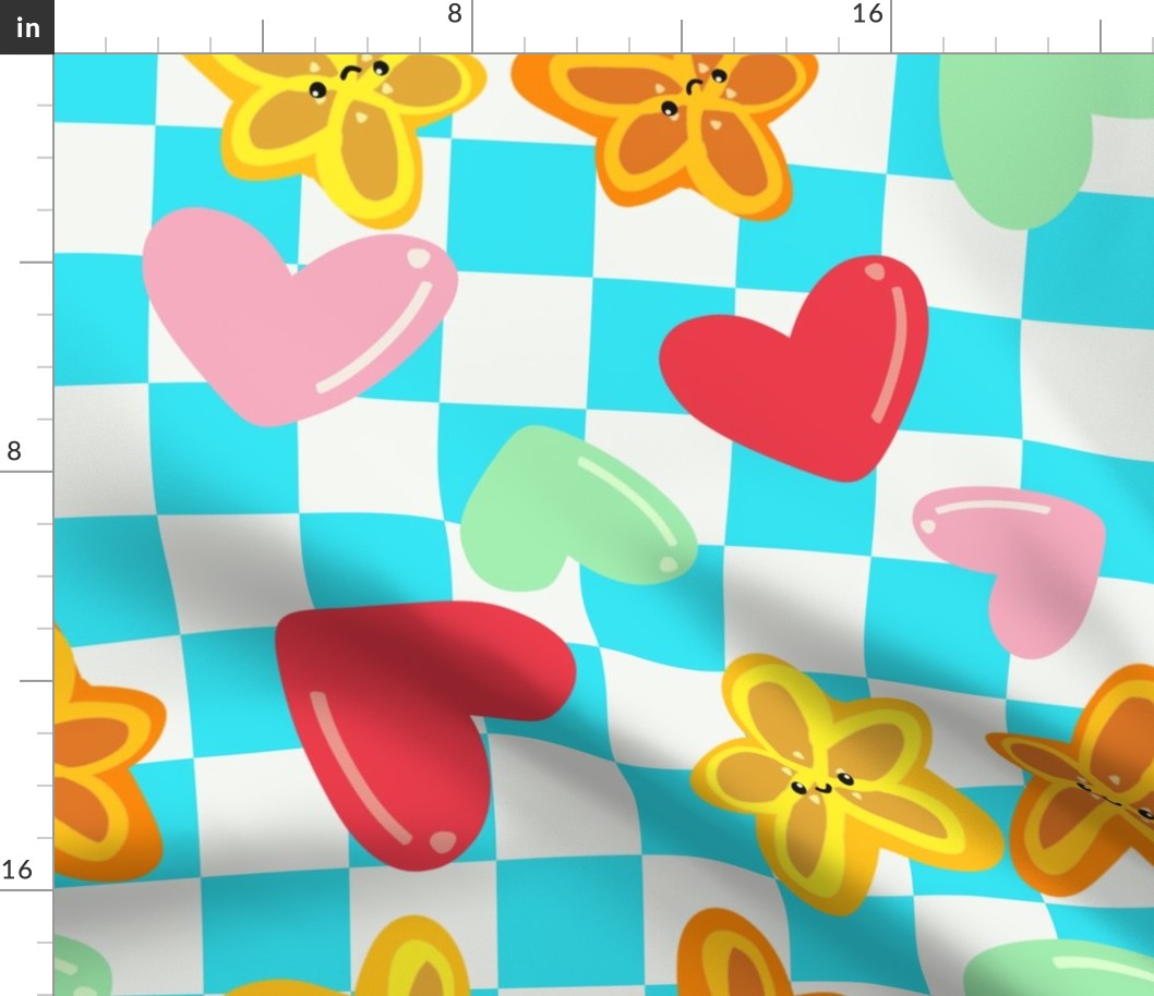 Valentine’s Day Orange Starfish Buddies Bubble Hearts on Checkerboard 