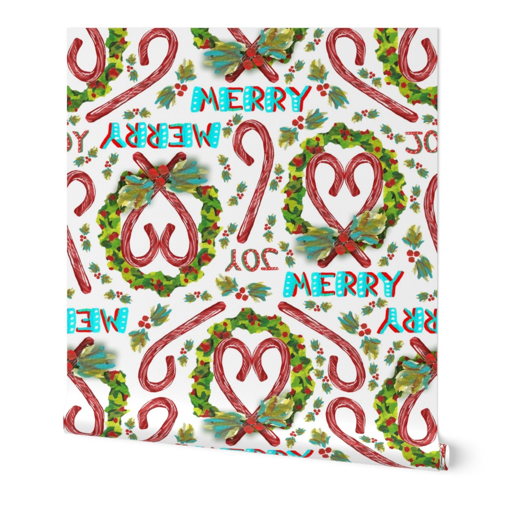 Watercolor Christmas Candy Canes Wreaths and Holly with  Hand Lettering, LG SCALE;  green, blue, red; 6300, v05–merry, joy, holiday, heart, greenery, decoration, kitchen, tablecloth, linens, bedding, girl, feminine, bedding, kids, sheets