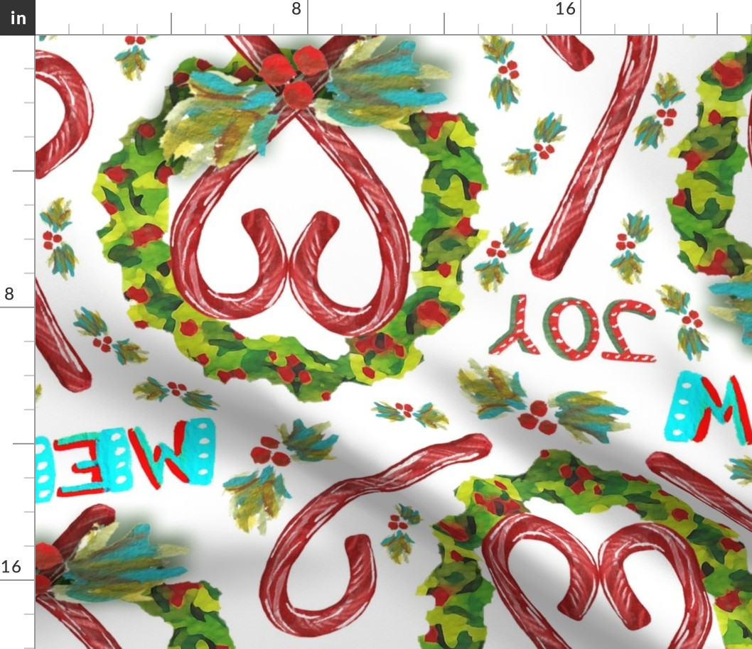 Watercolor Christmas Candy Canes Wreaths and Holly with  Hand Lettering, LG SCALE;  green, blue, red; 6300, v05–merry, joy, holiday, heart, greenery, decoration, kitchen, tablecloth, linens, bedding, girl, feminine, bedding, kids, sheets