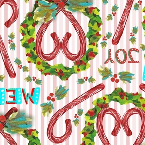 6300 Watercolor Pink Striped Christmas Candy Canes Wreaths and Holly with  Handlettering; pink, green, blue, red; v06–merry, joy, holiday, heart, greenery, decoration, kitchen, tablecloth, linens, bedding, girl, feminine