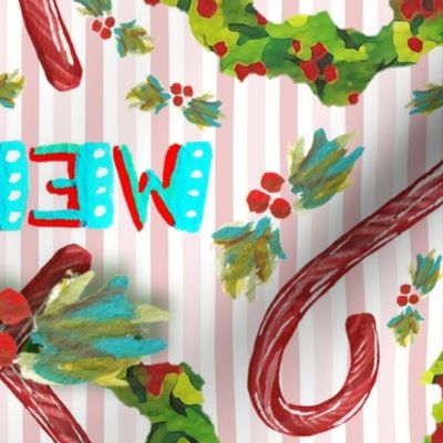 4800 MED SCALE, Merry Christmas Candy Cane Wreaths, Pink Stripes, v06; joy, holiday, tablecloth, linens, bedding, blanket, sheets, kids, retro, handletter