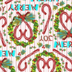 4800 MED SCALE, Merry Christmas Candy Cane Wreaths, Pink Stripes, v06; joy, holiday, tablecloth, linens, bedding, blanket, sheets, kids, retro, handletter