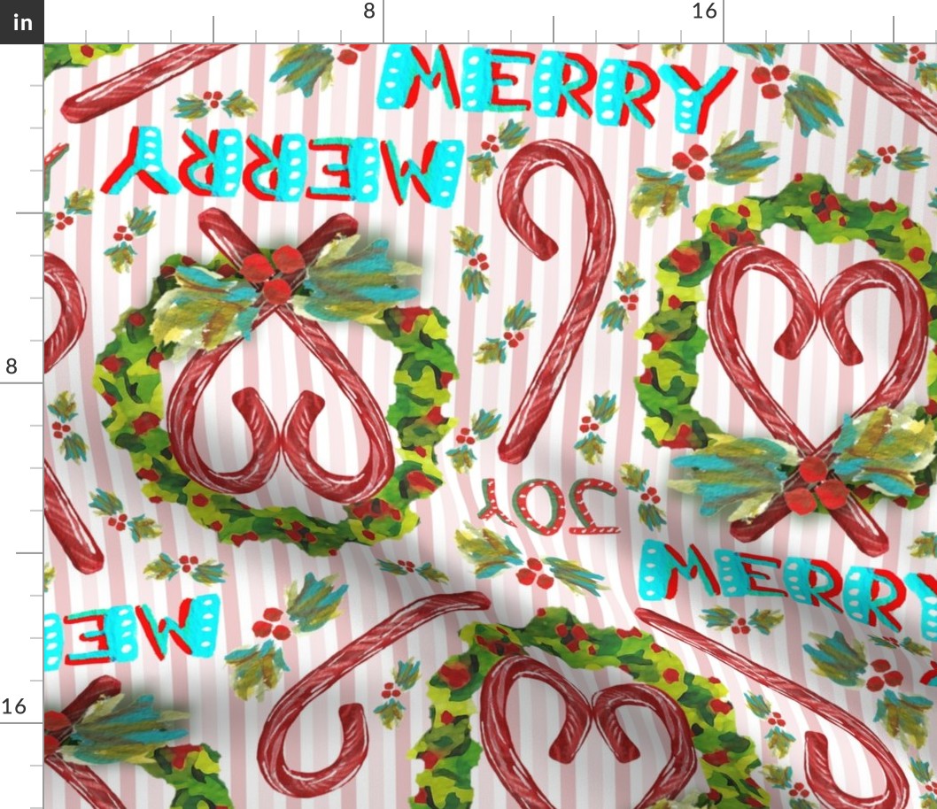 4800 MED SCALE, Merry Christmas Candy Cane Wreaths, Pink Stripes, v06; joy, holiday, tablecloth, linens, bedding, blanket, sheets, kids, retro, handletter
