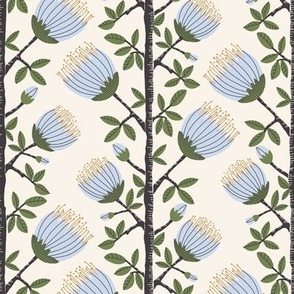 412 - $ Small scale Blue and green floral vine, Pohutukawa (metrosideros) folk Scandi primitive  style floral vibe for welcoming wallpaper, tablecloth, sheets, duvet covers and curtains. 