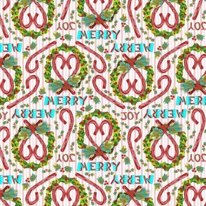 2400 SM SCALE, Merry Christmas Candy Cane Wreaths, Pink Stripes, v06; joy, holiday, tablecloth, linens, bedding, blanket, sheets, kids, retro, handletter
