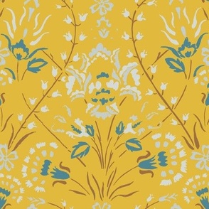 Traditional Turkish Trailing Floral With Baroque Block Print Impression on Yellow