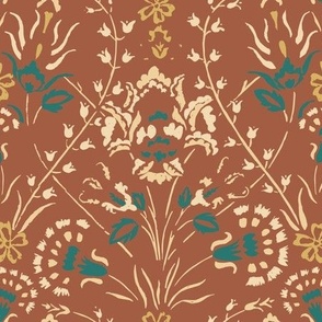 Traditional Turkish Trailing Floral With Baroque Block Print Impression on Brown