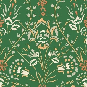 Traditional Turkish Trailing Floral With Baroque Block Print Impression on Green