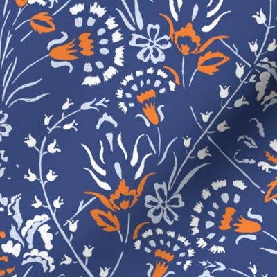 Traditional Turkish Trailing Floral With Baroque Block Print Impression on Navy Blue