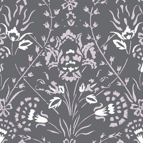 Traditional Turkish Trailing Floral With Baroque Block Print Impression on Gray