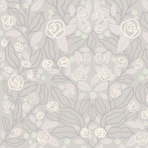 Floral Garden of Ivory Roses with Slate Gray Leaves on Silver Grey
