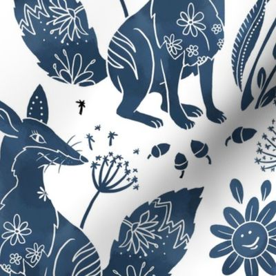 (M) Blue Fox in the meadow - folk art 