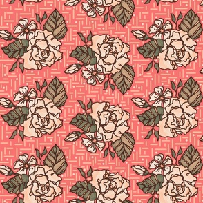 Beautiful Rose Blooms on patterned salmon pink (large scale)