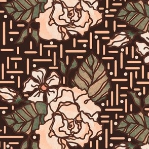 Beautiful Rose Blooms on Darkest Brown background (Large scale)