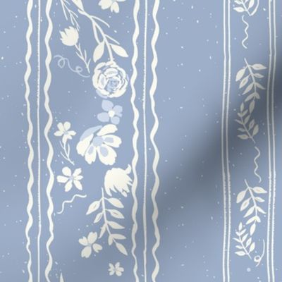  vintage creamy floral and ribbon stripe on textured mountain blue background