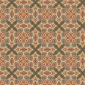 Vittoria Boho Vintage Floral Cross Print in Sand Beige, Blue, Green and Tan