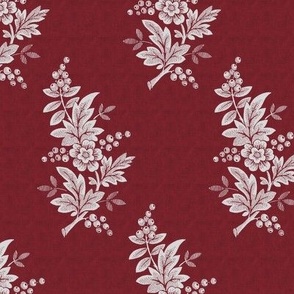 Regal maroon and white floral pattern with intricate botanical details.