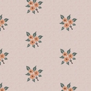 Peachy florals and green leaves on a soft pink backdrop, echoing a serene springtime garden.
