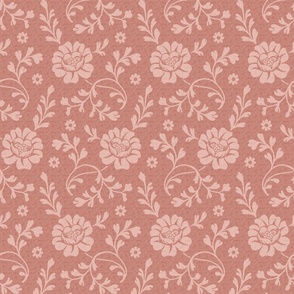 Vintage blush florals on earthy pink, invoking timeless elegance and cozy charm.