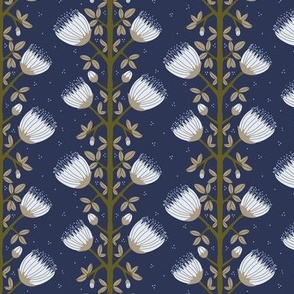 545  - Small scale off white, taupe and olive green floral vine with polka dots on navy blue  - for wallpaper, curtains, table cloths, duvet covers, large scale upholstery