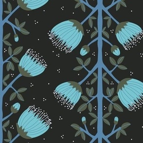 545 - Medium scale turquoise two directional  floral vine on dark moody charcoal - for wallpaper, curtains, table cloths, duvet covers, large scale upholstery