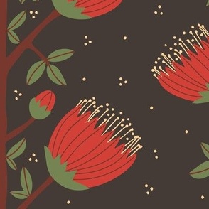 545 - Large scale pohutukawa flower red and green on dark charcoal - for wallpaper, curtains, duvet covers and table cloths