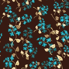 Yaky blue flowers on dark brown retro rustic background
